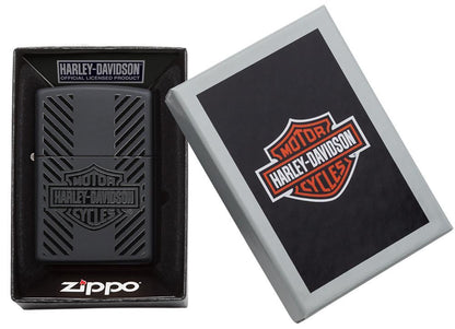 Harley-Davidson® Classic Logo Black Matte Windproof Lighter in its packaging