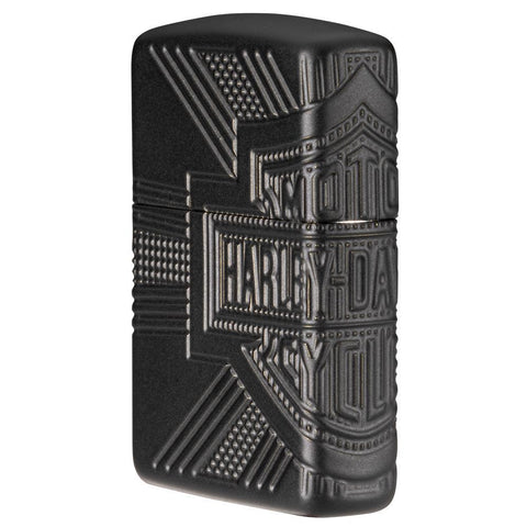 Harley-Davidson® 2020 Collectible Windproof Lighter standing at an angle, showing the right side of the lighter
