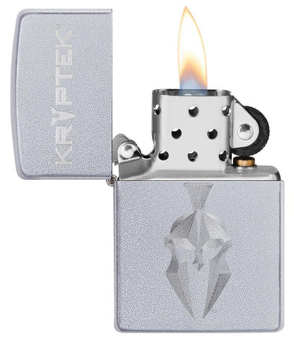 Kryptek Satin Chrome windproof lighter with its lid open and lit