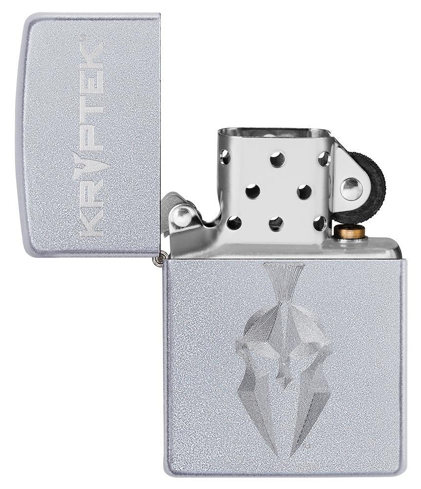 Kryptek Satin Chrome windproof lighter with its lid open and not lit