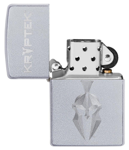 Kryptek Satin Chrome windproof lighter with its lid open and not lit