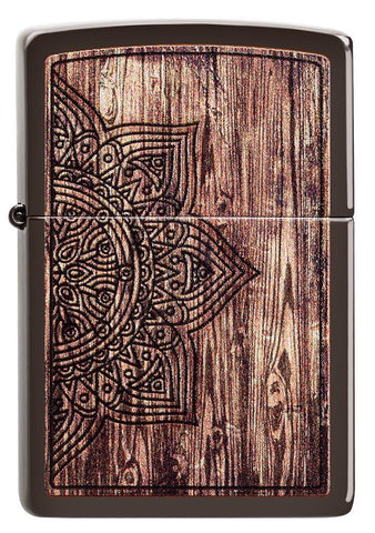 Front of Wood Mandala Design Brown Matte Windproof Lighter