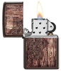 Wood Mandala Design Brown Matte Windproof Lighter with its lid open and lit