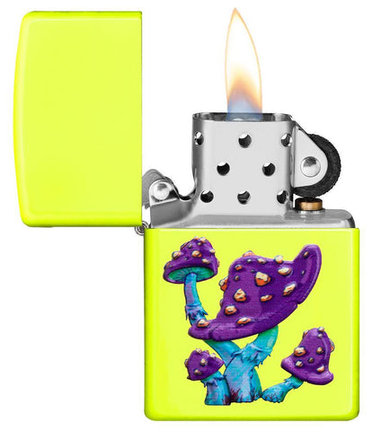 Mushroom Textured Print Neon Yellow Windproof Lighter with its lid open and lit