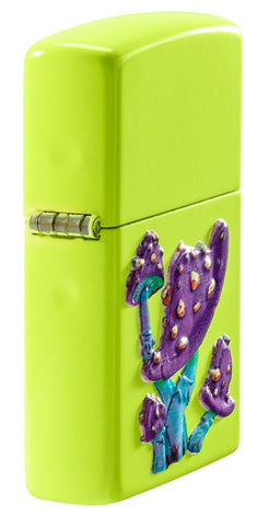 Mushroom Textured Print Neon Yellow Windproof Lighter standing at an angle, showing off the 3D texture print design