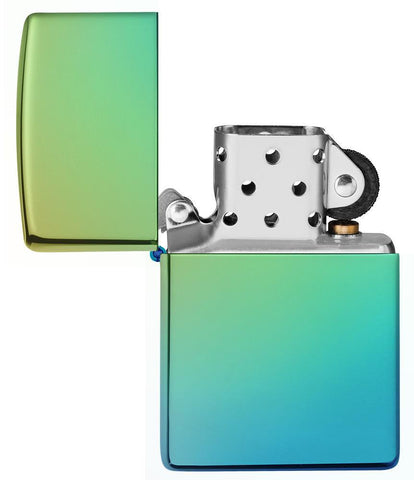 High Polish Teal windproof lighter with the lid open and not lit
