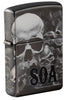 Sons of Anarchy Black Ice 360 design windproof lighter facing forward at a 3/4 angle