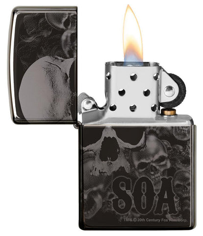 Sons of Anarchy Black Ice 360 design windproof lighter with lid open and lit