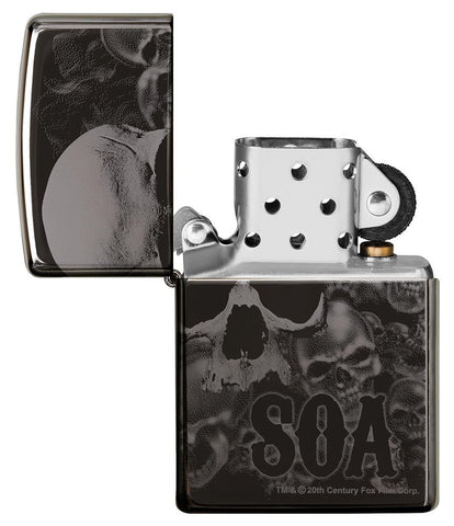 Sons of Anarchy Black Ice 360 design windproof lighter with the lid open and not lit