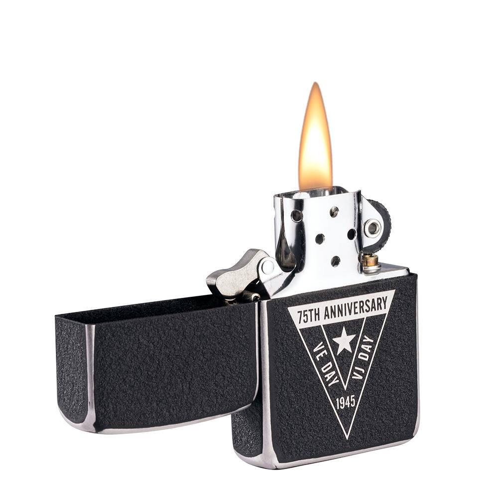 VE/VJ 75th Anniversary Collectible standing at an angle, with its lid open and lit