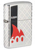 Zippo Lighter 600 Million front view ¾ angle in high polished chrome optic with 360° laser engraving with lighter name surrounded by a red flame and with a black bar on the side.