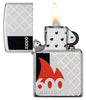 Zippo lighter 600 Million front view opened and lit in high polished chrome optic with 360° laser engraving with lighter name surrounded by a red flame and with a black bar on the side