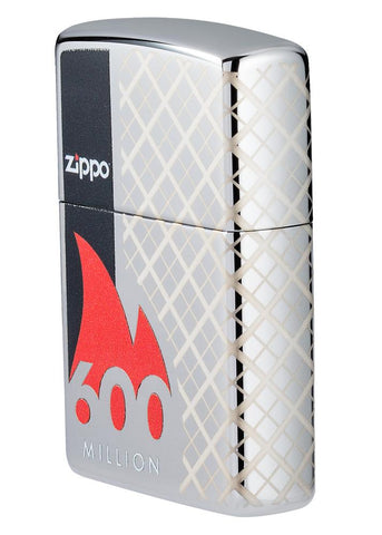 Zippo Lighter 600 Million side view ¾ angle in high polished chrome optic with 360° laser engraving with lighter name surrounded by a red flame and with a black bar on the side