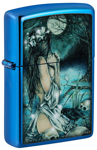 Zippo lighter front view ¾ angle glossy blue in mystic scenery with lightly dressed lady at the lake surrounded by skulls as well as crows