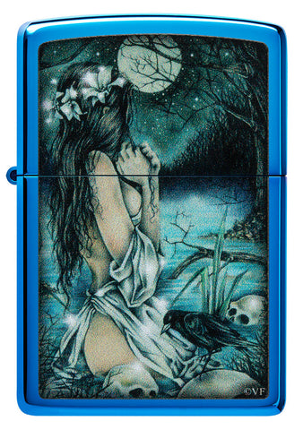 Zippo lighter front view high gloss blue in mystical scenery with lightly dressed lady at the lake surrounded by skulls as well as crows
