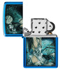 Zippo lighter glossy blue in mystic scenery with lightly dressed lady at the lake surrounded by skulls and crows opened without flame