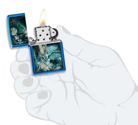Zippo lighter glossy blue in mystic scenery with lightly dressed lady at the lake surrounded by skulls as well as crows opened with flame in stylised hand