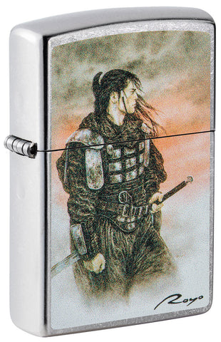 Zippo lighter front view ¾ angle colour illustration of an Asian warrior in green battle gear in the mist of the sunset.