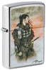 Zippo lighter front view ¾ angle colour illustration of an Asian warrior in green battle gear in the mist of the sunset.