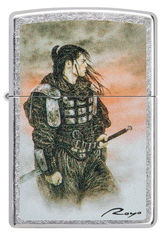 Zippo Lighter Front View Colour Illustration of an Asian Warrior in Green Combat Gear in the Mist of Sunset
