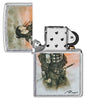 Zippo lighter front view colour illustration of an Asian warrior in green battle gear in the mist of the sunset opened without flame