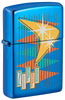 Zippo lighter front view ¾ angle high gloss blue in retro style with many colourful triangles as well as logo