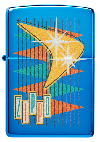 Zippo lighter front view high gloss blue in retro style with many coloured triangles as well as logo