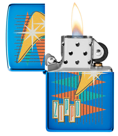 Zippo lighter high gloss blue retro style with many colourful triangles and logo opened with flame