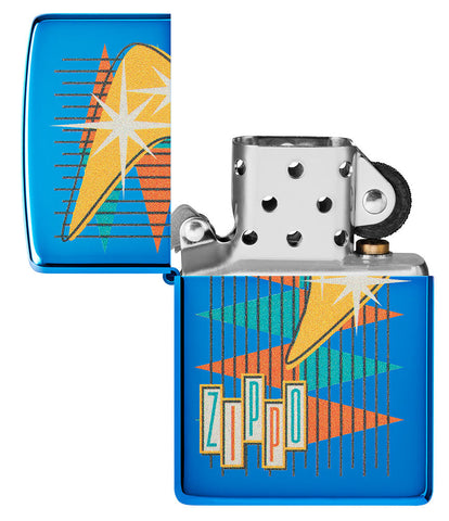 Zippo lighter high gloss blue in retro style with many coloured triangles and logo opened without flame