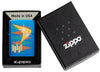 Zippo lighter high gloss blue in retro style with many coloured triangles and logo in open black gift box