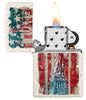 Zippo lighter front view Mercury Glass opened and lit with coloured image of the Statue of Liberty and American flag in the background