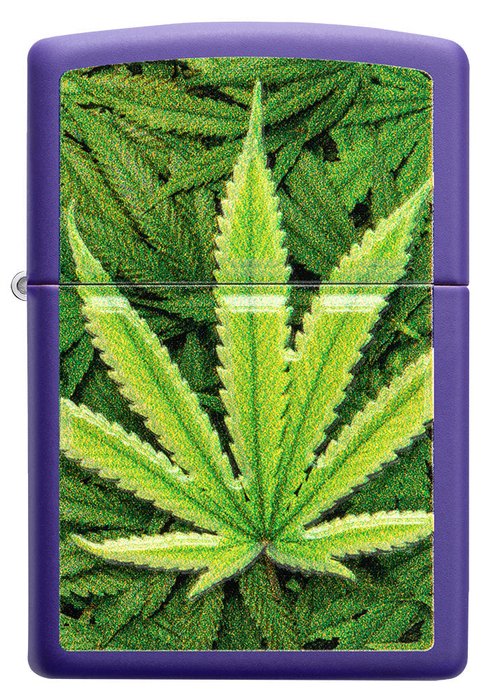 Zippo lighter front view purple matt with image of cannabis plants