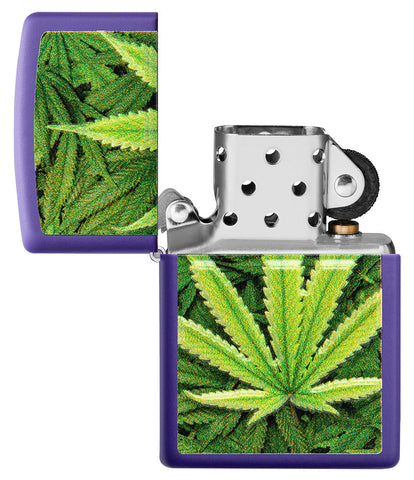 Zippo Lighter Front View Purple Matte Open with Cannabis Plant Illustration