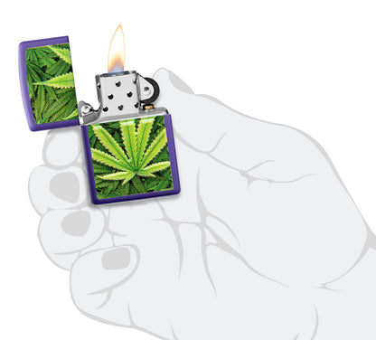 Zippo Lighter Front View Purple Matte Opened and Lit with Illustration of Cannabis Plants in Stylish Hand