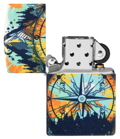 Zippo lighter 540 degree design with signpost in the colourful night sky of nature opened without flame