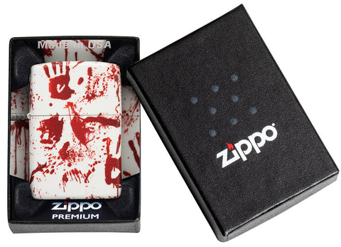 Zippo lighter 540 degree design matt white with bloody hand prints in opened premium packaging