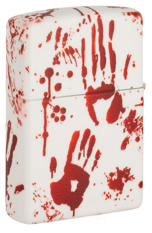 Zippo lighter rear view ¾ angle 540 degree design matt white with bloody hand prints