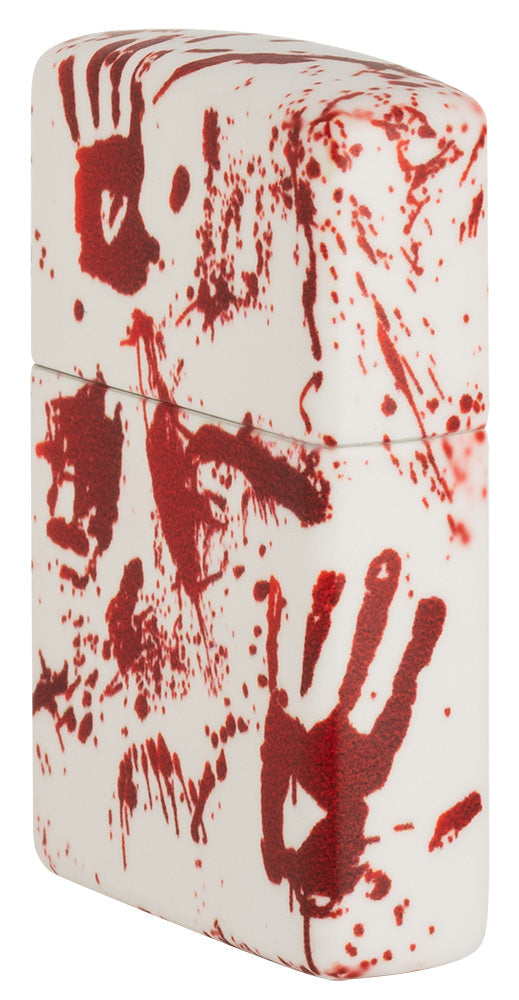 Zippo Lighter Side View Front ¾ Angle 540 Degree Design Matte White with Bloody Handprints
