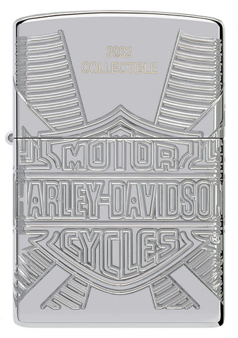 Zippo Feuerzeug Sammlerstück 2022 Frontansicht Harley Davidson Logo mit tiefen Gravuren auf hochglanzpoliertem dickwandigem Feuerzeug