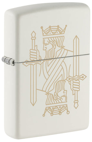 Zippo lighter front view ¾ angle matt white with two-sided laser engraving of a king with crown as well as a sword.