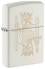 Zippo lighter front view ¾ angle matt white with two-sided laser engraving of a king with crown as well as a sword.