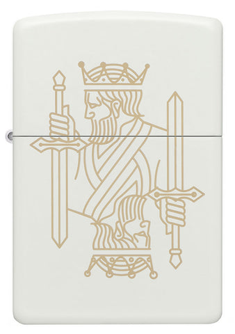 Zippo lighter front view matt white with two-sided laser engraving of a king with crown as well as sword