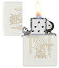 Zippo lighter matt white with double-sided laser engraving of a king with crown and sword opened with flame