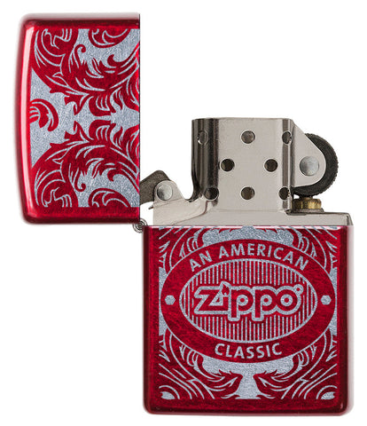 Briquet Zippo rouge vue de face ouvert sans flammeentouré d’un motif en filigrane gravé au laser qui montre le logo de Zippo et de 