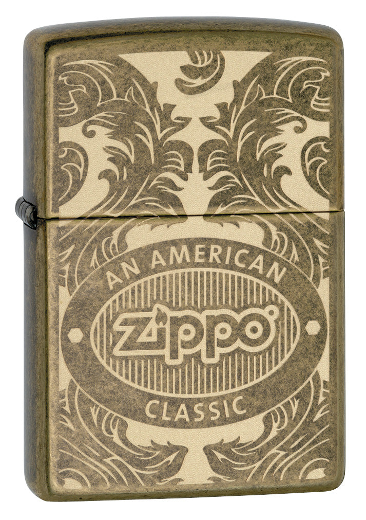 Briquet Zippo vue de face trois quart angle  entouré d’un motif en filigrane gravé au laser qui montre le logo de Zippo et de "an american classic".