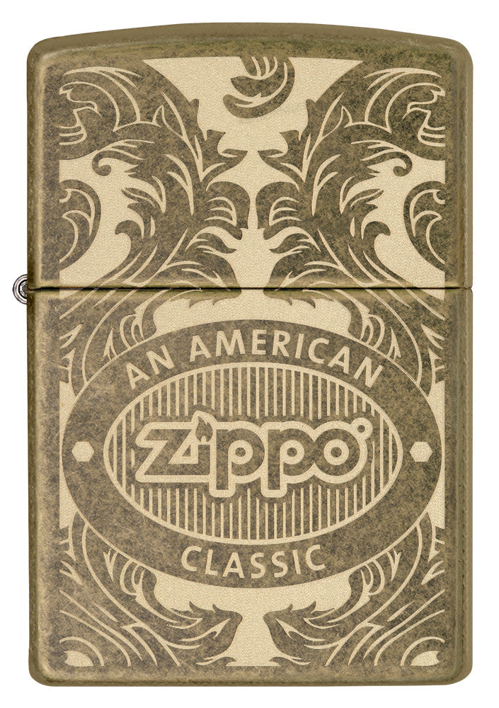 Briquet Zippo vue de face  entouré d’un motif en filigrane gravé au laser qui montre le logo de Zippo et de "an american classic".
