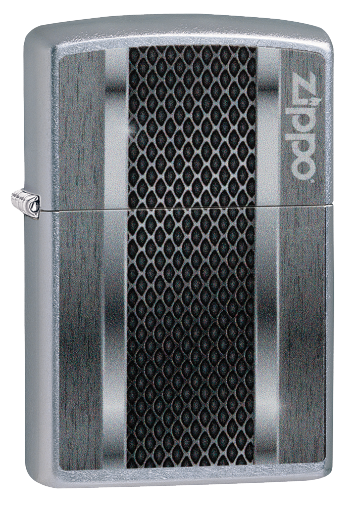 Briquet Zippo trois quart angle vue de face avec une illustration en couleur métallisée  qui montre un aspect inspire d'une machine moderne.