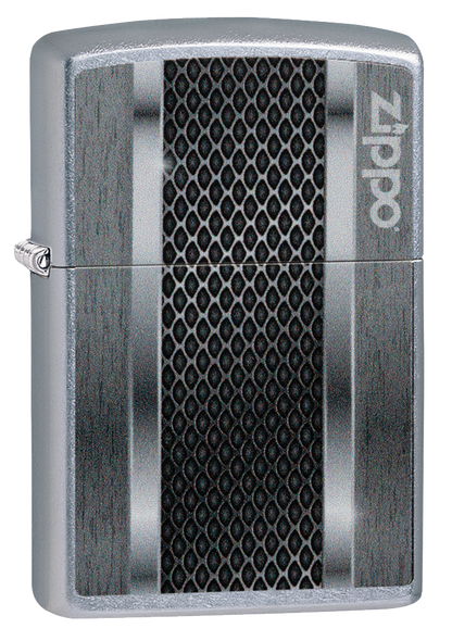Briquet Zippo trois quart angle vue de face avec une illustration en couleur métallisée  qui montre un aspect inspire d'une machine moderne.