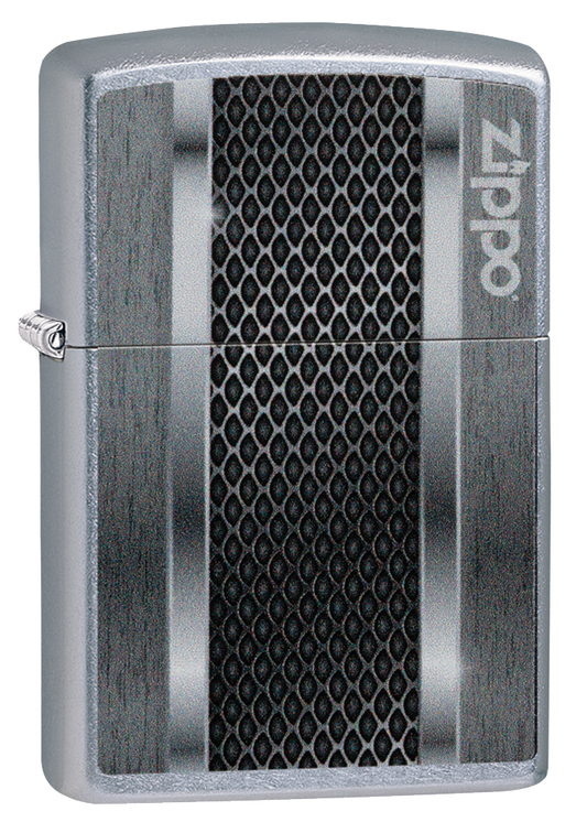 Briquet Zippo trois quart angle vue de face avec une illustration en couleur métallisée  qui montre un aspect inspire d'une machine moderne.