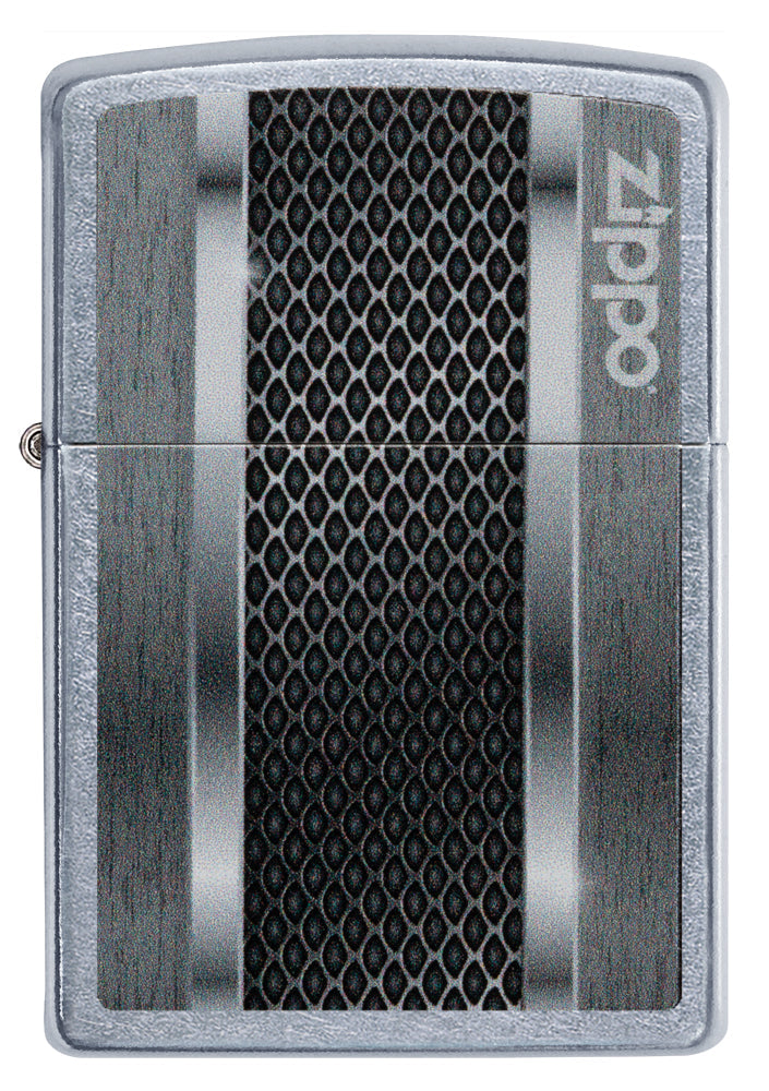 Briquet Zippo vue de face avec une illustration en couleur métallisée qui montre un aspect inspire d'une machine moderne.